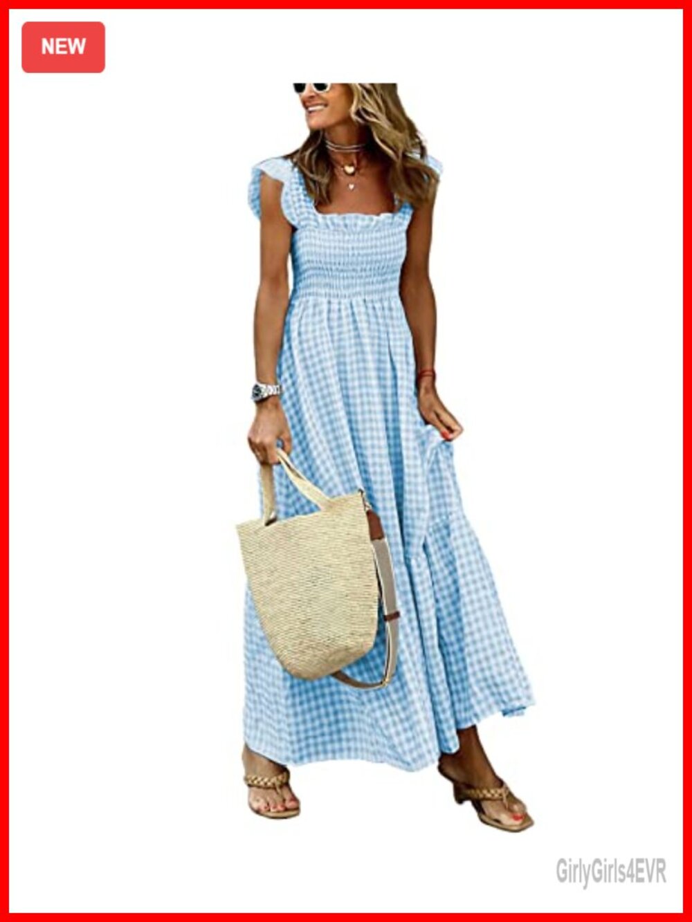 Retro Plaid Smocked Dress Spaghetti Strap Flounce Long A-Line